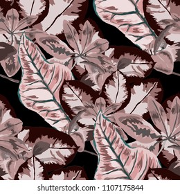 Seamless pattern with tropical leaves: palms, monstera, passion fruit. Beautiful allover print with hand drawn exotic plants. Swimwear botanical design. Vector.
