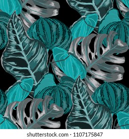 Seamless pattern with tropical leaves: palms, monstera, passion fruit. Beautiful allover print with hand drawn exotic plants. Swimwear botanical design. Vector.
