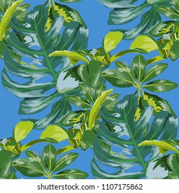 Seamless pattern with tropical leaves: palms, monstera, passion fruit. Beautiful allover print with hand drawn exotic plants. Swimwear botanical design. Vector.
