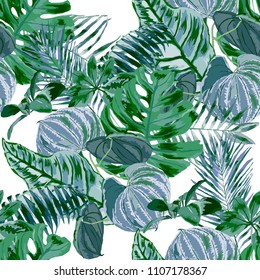 Seamless pattern with tropical leaves: palms, monstera, passion fruit. Beautiful allover print with hand drawn exotic plants. Swimwear botanical design. Vector.
