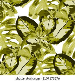 Seamless pattern with tropical leaves: palms, monstera, passion fruit. Beautiful allover print with hand drawn exotic plants. Swimwear botanical design. Vector.

