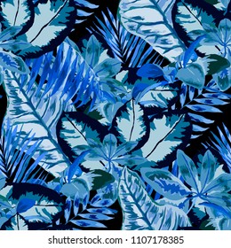 Seamless pattern with tropical leaves: palms, monstera, passion fruit. Beautiful allover print with hand drawn exotic plants. Swimwear botanical design. Vector.
