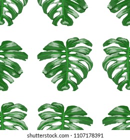 Seamless pattern with tropical leaves: palms, monstera, passion fruit. Beautiful allover print with hand drawn exotic plants. Swimwear botanical design. Vector.
