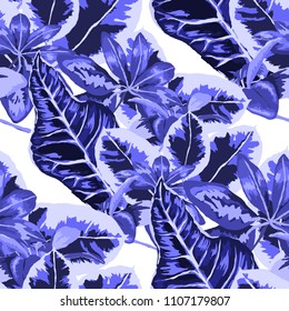Seamless pattern with tropical leaves: palms, monstera, passion fruit. Beautiful allover print with hand drawn exotic plants. Swimwear botanical design. Vector.
