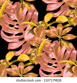 Seamless pattern with tropical leaves: palms, monstera, passion fruit. Beautiful allover print with hand drawn exotic plants. Swimwear botanical design. Vector.
