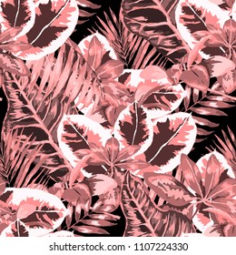 Seamless pattern with tropical leaves: palms, monstera, passion fruit. Beautiful allover print with hand drawn exotic plants. Swimwear botanical design. Vector.
