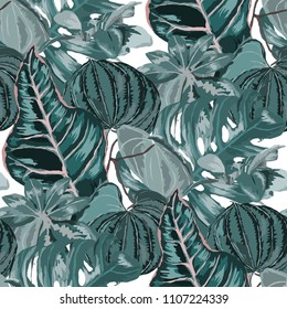 Seamless pattern with tropical leaves: palms, monstera, passion fruit. Beautiful allover print with hand drawn exotic plants. Swimwear botanical design. Vector.
