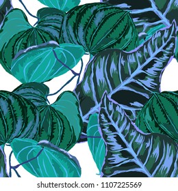 Seamless pattern with tropical leaves: palms, monstera, passion fruit. Beautiful allover print with hand drawn exotic plants. Swimwear botanical design. Vector.
