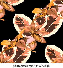 Seamless pattern with tropical leaves: palms, monstera, passion fruit. Beautiful allover print with hand drawn exotic plants. Swimwear botanical design. Vector.
