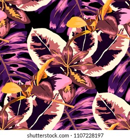 Seamless pattern with tropical leaves: palms, monstera, passion fruit. Beautiful allover print with hand drawn exotic plants. Swimwear botanical design. Vector.
