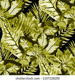 Seamless pattern with tropical leaves: palms, monstera, passion fruit. Beautiful allover print with hand drawn exotic plants. Swimwear botanical design. Vector.
