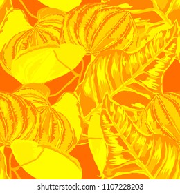 Seamless pattern with tropical leaves: palms, monstera, passion fruit. Beautiful allover print with hand drawn exotic plants. Swimwear botanical design. Vector.

