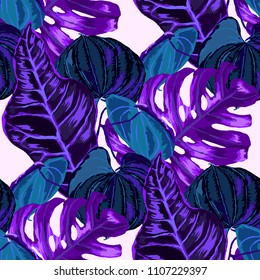 Seamless pattern with tropical leaves: palms, monstera, passion fruit. Beautiful allover print with hand drawn exotic plants. Swimwear botanical design. Vector.
