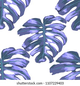 Seamless pattern with tropical leaves: palms, monstera, passion fruit. Beautiful allover print with hand drawn exotic plants. Swimwear botanical design. Vector.
