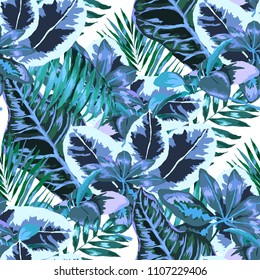 Seamless pattern with tropical leaves: palms, monstera, passion fruit. Beautiful allover print with hand drawn exotic plants. Swimwear botanical design. Vector.

