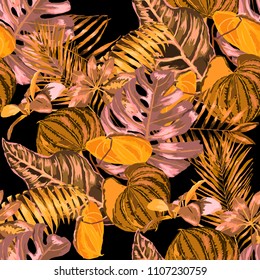 Seamless pattern with tropical leaves: palms, monstera, passion fruit. Beautiful allover print with hand drawn exotic plants. Swimwear botanical design. Vector.
