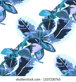 Seamless pattern with tropical leaves: palms, monstera, passion fruit. Beautiful allover print with hand drawn exotic plants. Swimwear botanical design. Vector.
