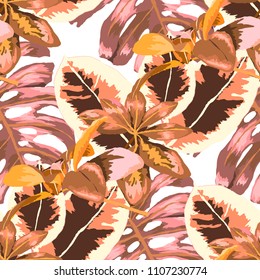 Seamless pattern with tropical leaves: palms, monstera, passion fruit. Beautiful allover print with hand drawn exotic plants. Swimwear botanical design. Vector.
