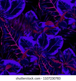 Seamless pattern with tropical leaves: palms, monstera, passion fruit. Beautiful allover print with hand drawn exotic plants. Swimwear botanical design. Vector.
