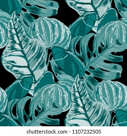Seamless pattern with tropical leaves: palms, monstera, passion fruit. Beautiful allover print with hand drawn exotic plants. Swimwear botanical design. Vector.

