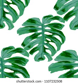 Seamless pattern with tropical leaves: palms, monstera, passion fruit. Beautiful allover print with hand drawn exotic plants. Swimwear botanical design. Vector.
