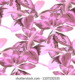 Seamless pattern with tropical leaves: palms, monstera, passion fruit. Beautiful allover print with hand drawn exotic plants. Swimwear botanical design. Vector.

