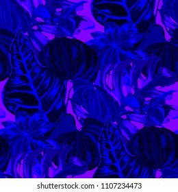 Seamless pattern with tropical leaves: palms, monstera, passion fruit. Beautiful allover print with hand drawn exotic plants. Swimwear botanical design. Vector.
