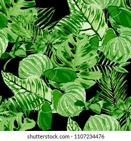 Seamless pattern with tropical leaves: palms, monstera, passion fruit. Beautiful allover print with hand drawn exotic plants. Swimwear botanical design. Vector.
