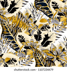 Seamless pattern with tropical leaves: palms, monstera, passion fruit. Beautiful allover print with hand drawn exotic plants. Swimwear botanical design. Vector.
