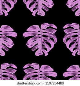 Seamless pattern with tropical leaves: palms, monstera, passion fruit. Beautiful allover print with hand drawn exotic plants. Swimwear botanical design. Vector.
