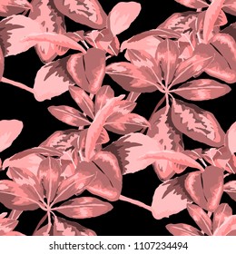 Seamless pattern with tropical leaves: palms, monstera, passion fruit. Beautiful allover print with hand drawn exotic plants. Swimwear botanical design. Vector.
