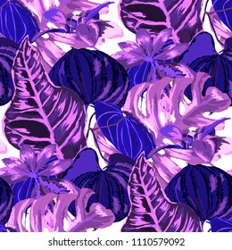 Seamless pattern with tropical leaves: palms, monstera, passion fruit. Beautiful allover print with hand drawn exotic plants. Swimwear botanical design. Vector.
