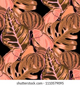 Seamless pattern with tropical leaves: palms, monstera, passion fruit. Beautiful allover print with hand drawn exotic plants. Swimwear botanical design. Vector.
