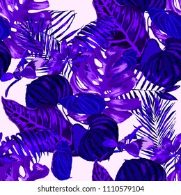 Seamless pattern with tropical leaves: palms, monstera, passion fruit. Beautiful allover print with hand drawn exotic plants. Swimwear botanical design. Vector.
