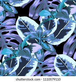 Seamless pattern with tropical leaves: palms, monstera, passion fruit. Beautiful allover print with hand drawn exotic plants. Swimwear botanical design. Vector.
