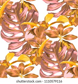 Seamless pattern with tropical leaves: palms, monstera, passion fruit. Beautiful allover print with hand drawn exotic plants. Swimwear botanical design. Vector.
