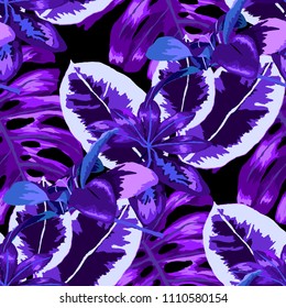 Seamless pattern with tropical leaves: palms, monstera, passion fruit. Beautiful allover print with hand drawn exotic plants. Swimwear botanical design. Vector.

