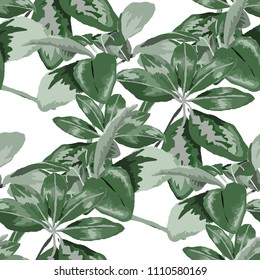 Seamless pattern with tropical leaves: palms, monstera, passion fruit. Beautiful allover print with hand drawn exotic plants. Swimwear botanical design. Vector.

