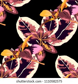 Seamless pattern with tropical leaves: palms, monstera, passion fruit. Beautiful allover print with hand drawn exotic plants. Swimwear botanical design. Vector.
