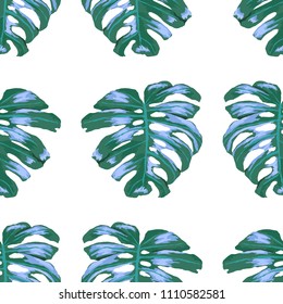 Seamless pattern with tropical leaves: palms, monstera, passion fruit. Beautiful allover print with hand drawn exotic plants. Swimwear botanical design. Vector.
