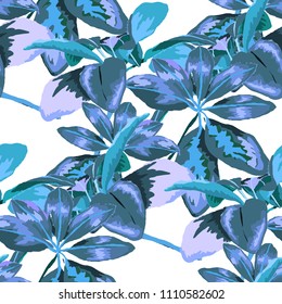 Seamless pattern with tropical leaves: palms, monstera, passion fruit. Beautiful allover print with hand drawn exotic plants. Swimwear botanical design. Vector.
