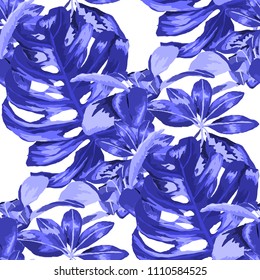 Seamless pattern with tropical leaves: palms, monstera, passion fruit. Beautiful allover print with hand drawn exotic plants. Swimwear botanical design. Vector.
