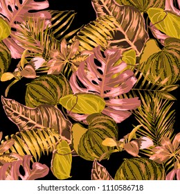 Seamless pattern with tropical leaves: palms, monstera, passion fruit. Beautiful allover print with hand drawn exotic plants. Swimwear botanical design. Vector.

