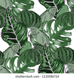 Seamless pattern with tropical leaves: palms, monstera, passion fruit. Beautiful allover print with hand drawn exotic plants. Swimwear botanical design. Vector.
