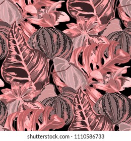 Seamless pattern with tropical leaves: palms, monstera, passion fruit. Beautiful allover print with hand drawn exotic plants. Swimwear botanical design. Vector.
