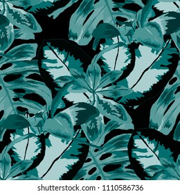 Seamless pattern with tropical leaves: palms, monstera, passion fruit. Beautiful allover print with hand drawn exotic plants. Swimwear botanical design. Vector.
