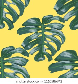 Seamless pattern with tropical leaves: palms, monstera, passion fruit. Beautiful allover print with hand drawn exotic plants. Swimwear botanical design. Vector.
