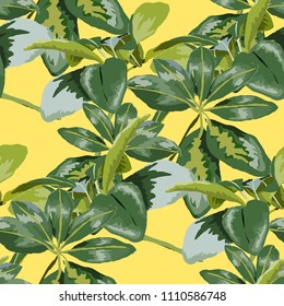 Seamless pattern with tropical leaves: palms, monstera, passion fruit. Beautiful allover print with hand drawn exotic plants. Swimwear botanical design. Vector.
