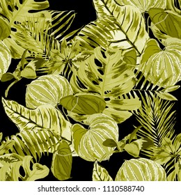Seamless pattern with tropical leaves: palms, monstera, passion fruit. Beautiful allover print with hand drawn exotic plants. Swimwear botanical design. Vector.
