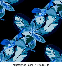 Seamless pattern with tropical leaves: palms, monstera, passion fruit. Beautiful allover print with hand drawn exotic plants. Swimwear botanical design. Vector.
